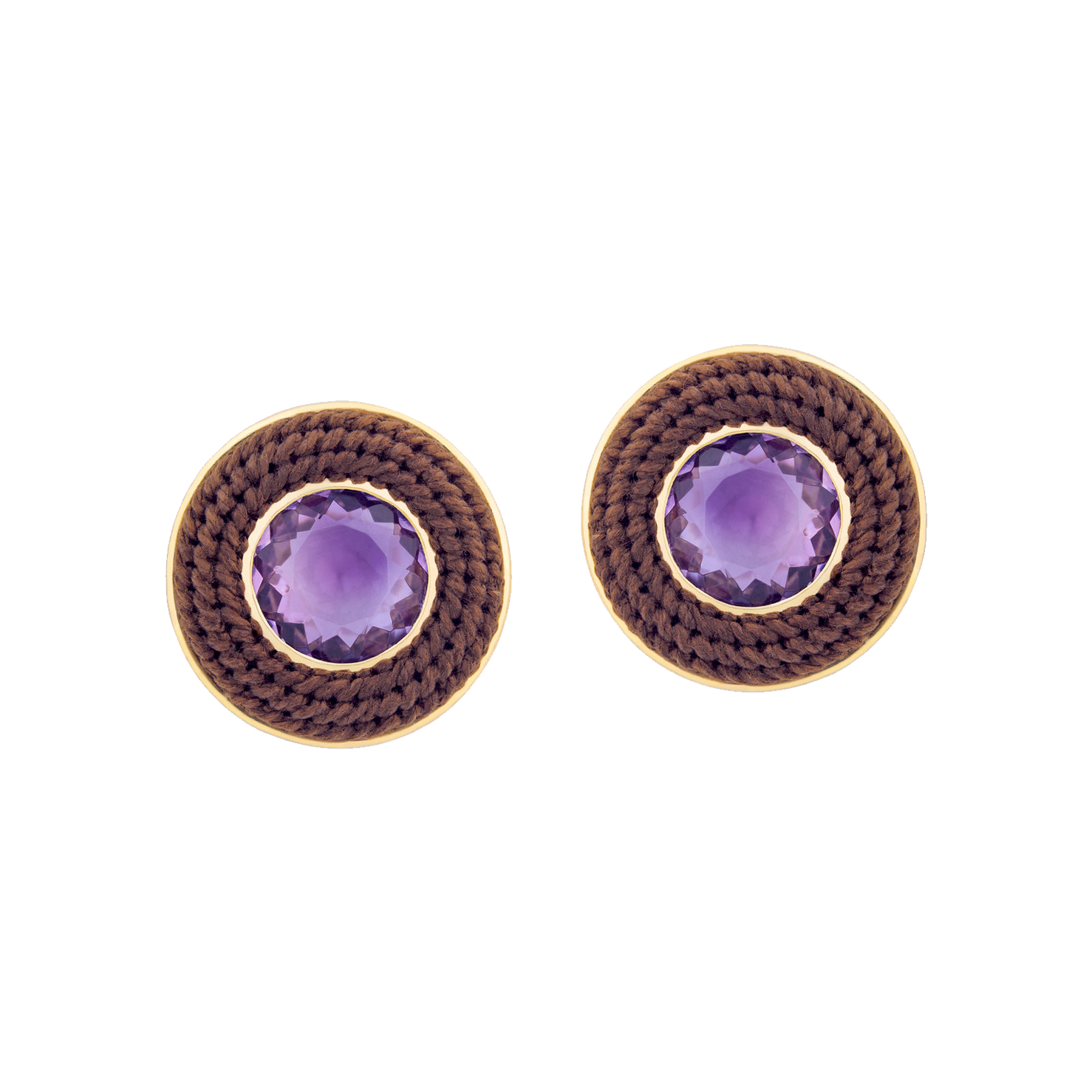 Large Brown Pandeiro Earrings with Amethyst